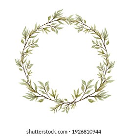Watercolor eucalyptus wreath, garland. Wedding eucalyptus design frame, circle logo. Rustic greenery. Mint, blue tones. Hand painted branch,  leaves isolated on white background, trendy branding