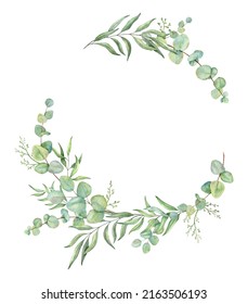 Watercolor Eucalyptus Wreath. Greenery Frame. Hand Drawn Watercolor Illustration. Decorative Design Elements.
