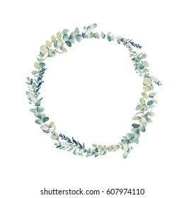 Watercolor eucalyptus wreath. Hand painted floral round frame isolated on white background. 