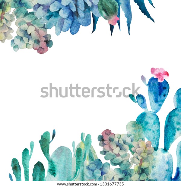 Watercolor of\
exotic cars with succulents, blooming cacti, aloe vera in the\
corners. Botanical illustration. Background for invitations,\
business cards, advertising. Hand\
drawn