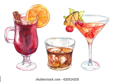 Watercolor Exotic Drink Alcohol Cocktail Set Isolated