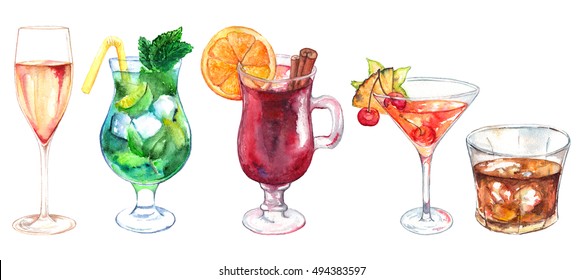 Watercolor Exotic Drink Alcohol Cocktail Set Isolated