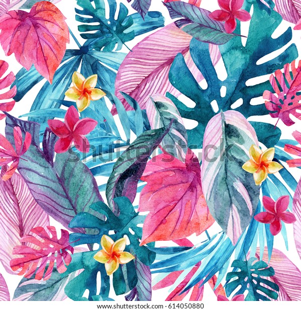 水彩のエキゾチックな葉と花の背景 水彩熱帯花柄のシームレスな模様 手描きのカラフルな自然イラストでモダンデザインを表現 のイラスト素材