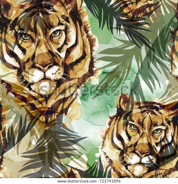 Watercolor exotic seamless pattern. Tigers with colorful tropical leaves. African animal wallpaper for walls. Wildlife art illustration. Can be printed on T-shirts, bags, posters, invitations, cards.