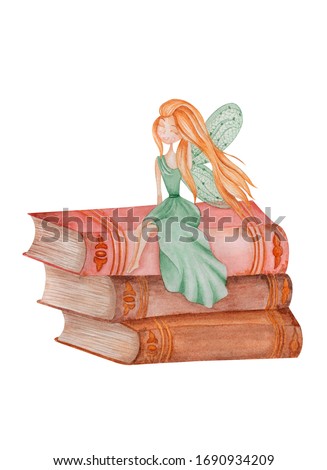 Watercolor fairy on books . Girl in a 
green dress. Cartoon cute illustration. Fairy tale illustration.