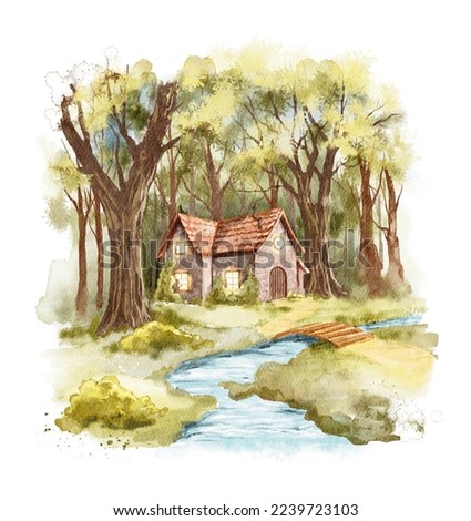 Watercolor fairy tale hut in the forest near stream and bridge isolated on white background. Hand drawn illustration sketch