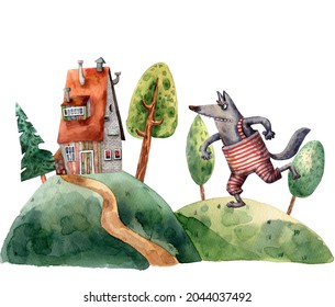 Watercolor fairy tale illustration  Little red riding hood  Wolf   grandma house  Fantasy scene  Forest adventure  Fairy tale characters  Children book art  Cartoon style art  Big bad wolf 