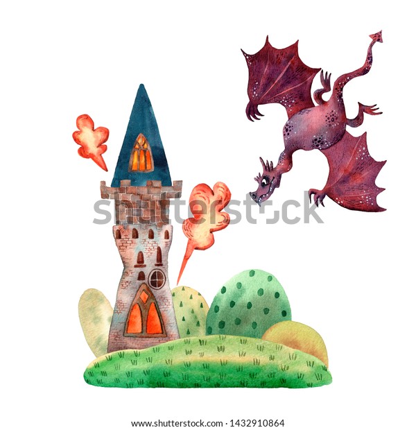 水彩のおとぎ話塔と竜 かわいいイラストの漫画 怖い獣に関する空想物語 火を吸うドラゴン 塔に火を放て 怪物に関する中世の幻想的な物語 のイラスト素材