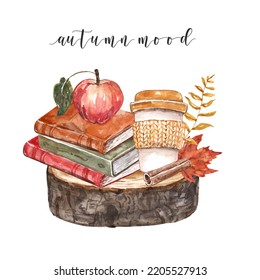 Watercolor Fall Arrangement. Books, Coffee, Tree Leaves On A Wood Log Slice. Hand-painted Autumnal Illustration.