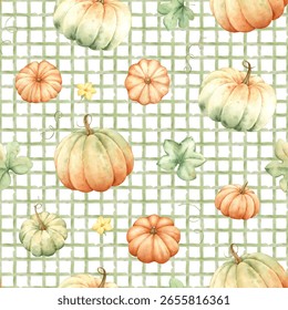 Watercolor fall checkered pattern with pumpkins. Hand drawn floral seamless pattern for Thanksgiving and Halloween.