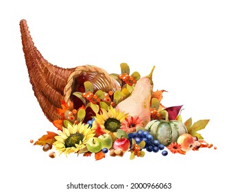 Watercolor Fall Cornucopia Clipart. Autumn Harvest Clip Art, Thanksgiving Day Art