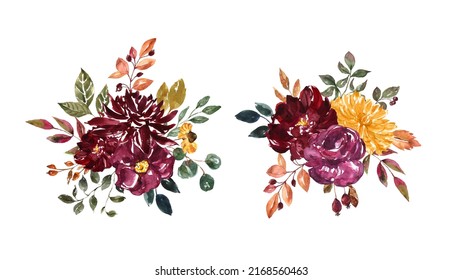 Watercolor Fall Floral Bouquet. Hand-painted Autumn Flowers And Leaf Arrangement, Isolated On White Background.