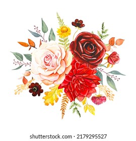 Watercolor Fall Floral Bouquet. Hand-painted Autumn Flowers