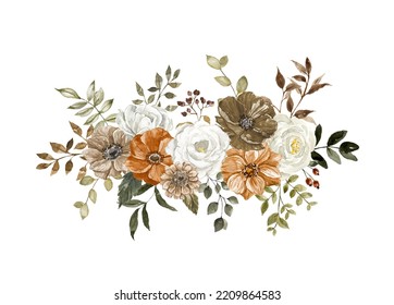 Watercolor Fall Floral Bouquet Illustration, Isolated On White Background. Botanical Painting.