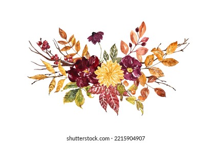 Watercolor Fall Floral Bouquet Made Of Seasonal Flowers, Orange, And Dry Foliage. Autumn Arrangement, Isolated On White Background.