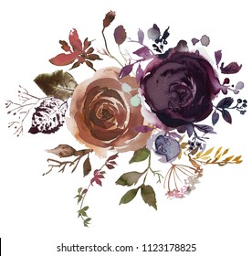 Watercolor Fall Floral Bouquet Roses Peonies Leaves Boho Plum Violet Peach Brown Isolated On White Background