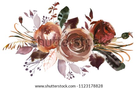 Watercolor Fall Floral Bouquet Roses Peonies Leaves Boho Plum Violet Peach Brown Isolated On White Background