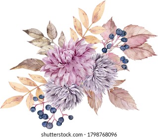 Watercolor Fall Floral Bouquet. Yellow Autumn Leaves, Dahlia And Aster Flowers, Berries. Colorful Hand-drawn Illustration Isolated On The White Background.