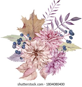 Watercolor Fall Floral Bouquet. Yellow Autumn Leaves, Dahlia And Aster Flowers, Berries. Colorful Hand-drawn Illustration Isolated On The White Background. Thanksgiving Illustration.