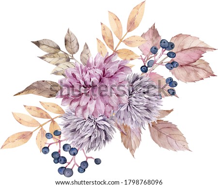 Watercolor fall floral bouquet. Yellow autumn leaves, dahlia and aster flowers, berries. Colorful hand-drawn illustration isolated on the white background.
