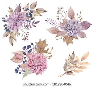 Watercolor Fall Floral Bouquets. Yellow Autumn Leaves, Dahlia And Aster Flowers, Berries. Colorful Hand-drawn Illustration Isolated On The White Background.