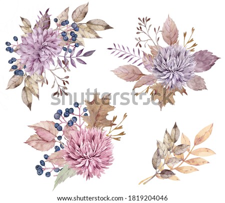 Watercolor fall floral bouquets. Yellow autumn leaves, dahlia and aster flowers, berries. Colorful hand-drawn illustration isolated on the white background.
