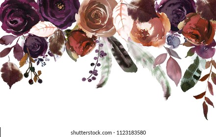 Watercolor Fall Floral Drop Bouquet Roses Peonies Leaves Boho Plum Violet Brown Peach Isolated On White Background