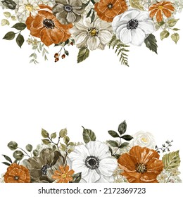 Watercolor Fall Floral Frame. Hand-painted Rust, Burnt Orange, Sepia-colored Flowers, And Foliage On White Background. Botanical Illustration.