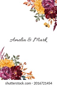 Watercolor Fall Floral Frame, Invitation Template With Hand Painted Red, Burgundy, Orange Flowers And Leaves. Beautiful Autumn Border In Rustic Style. Wedding Invite Design.