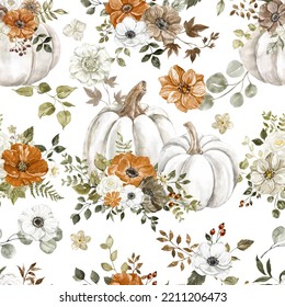 Watercolor fall floral print with white pumpkins and rustic flowers. An autumn-themed botanical seamless pattern. - Powered by Shutterstock