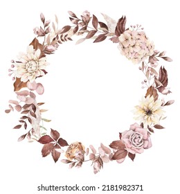 Watercolor Fall Floral Wreath. Frame Autumn Hand-painted Art. Woodland Animal Watercolor Illustration On White Background. For Posters, Prints, Cards, Invitations