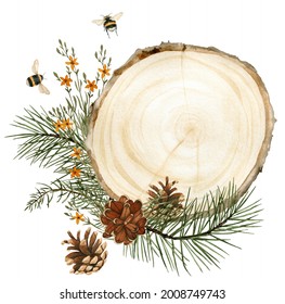 Watercolor fall forest arrangement with wood slice, pine cedar branch, pinecone, yellow flowers, bumble bees, autumn planner clip art, tumblers design
