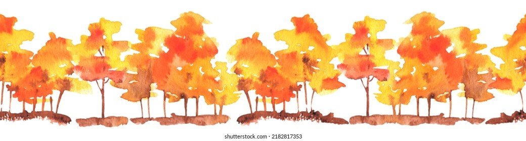 Watercolor Fall Forest  Border. Autumn Landscape Pattern With Tree And Hill. Orange Color Spot. Holiday Decor. Isolated On White Background.