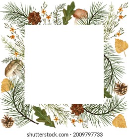 Watercolor fall forest frame with mushrooms, pine branches, pine cone, yellow flowers, autumn leaves, square frame border for invitations, greeting cards, wedding stationery