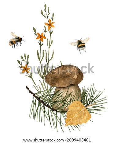 Watercolor fall forest mushroom composition with pine cedar branch, yellow leaf, autumn flowers, bumble bees for thanksgiving greeting cards, invitations
