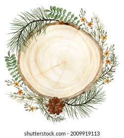Watercolor fall forest round frame clipart with wood slice, pine branches and pinecones, yellow flowers and leaves for wedding invitation, thanksgiving greeting card, ready to use sublimation design