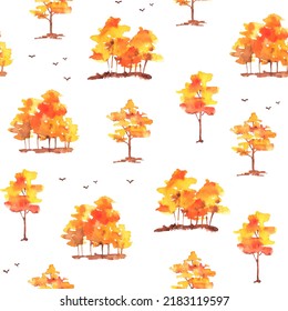 Watercolor Fall Forest Seamless Pattern. Autumn Landscape With Tree And Hill. Orange Color Spot. Holiday Decor. Isolated On White Background.