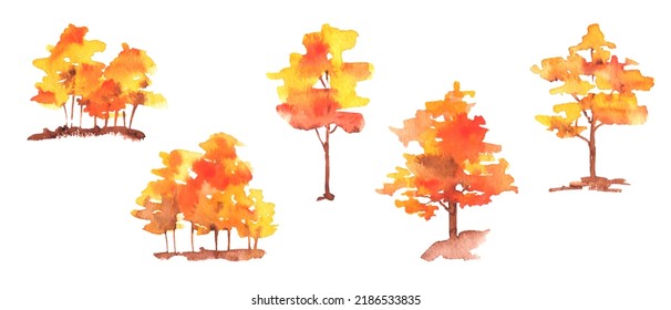 Watercolor Fall Forest Tree Clipart. Orange Color. Autumn Holiday Decor. Isolated On White Background.