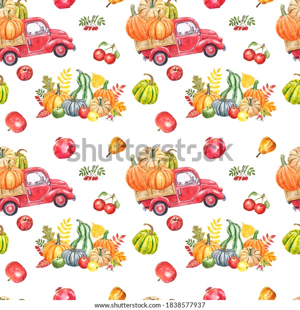 Watercolor fall harvest red truck seamless\
pattern. Pumpkin pickup car with orange pumpkins and garden basket\
with seasonal fruits and veggies on white background. Thanksgiving\
themed\
design.