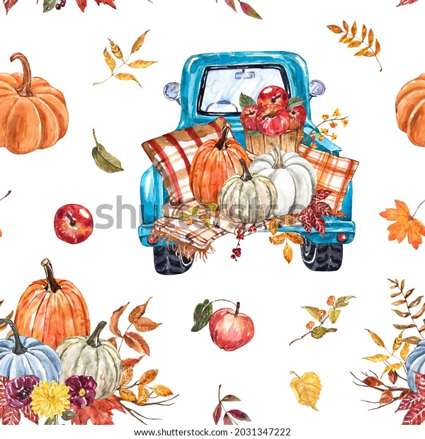 Watercolor fall harvest seamless pattern. Blue\
teal pumpkin truck, pumpkins arrangement, flowers, apples, leaves\
on white background. Autumn\
print.