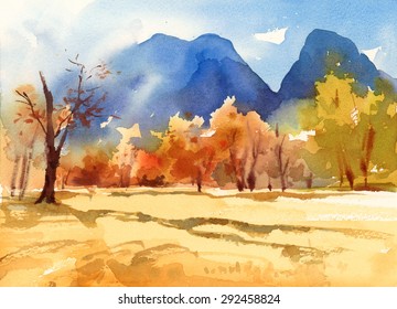 Watercolor Fall Landscape With Autumn Trees And Blue Mountains On The Background Hand Painted Illustration