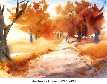 Watercolor Fall Landscape With Autumn Trees And A Man Walking With A Dog Hand Painted Illustration