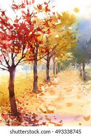 Watercolor Fall Landscape Autumn Trees Fallen Leaves Hand Painted Illustration