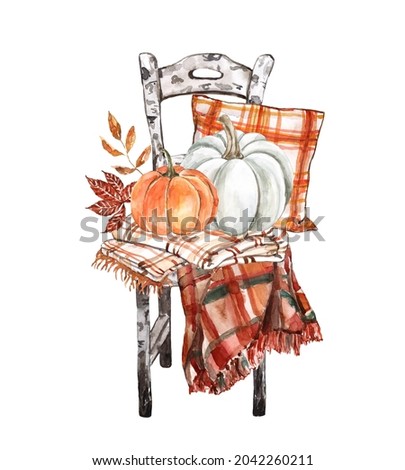 Watercolor fall mood illustration with wood chair, orange and white pumpkin pillow and warm blankets. Autumn farmhouse decor.