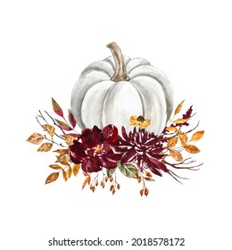 Watercolor fall pastel pumpkin   purple flowers arrangement white background  White pumpkin floral decor and red   burgundy leaves  tree branches  Autumn illustration 