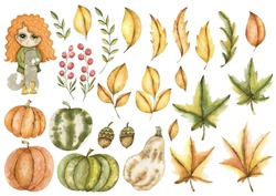 Watercolor Fall Set With Pumpkins, Yellow, Orange And Green Foliage. Cute Vintage Oak And Maple Leaves, Berries, Acorns
