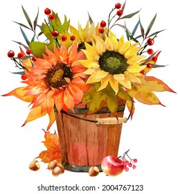 Watercolor Fall Sunflower , Rustic Clipart. Autumn Harvest Clip Art, Thanksgiving Day Art,