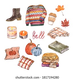 Watercolor Fall Themed Illustrations Set. Warm Sweater, Candles, Boots, Book, Pillows, Cozy Blanket, Pumpkin Spice Latte, Foliage. Autumn Stickers Isolated On White Background.