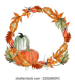 Watercolor Fall Wreath, Autumn Frame With Leawes And Berries, Isolated On White Background