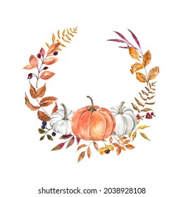 Watercolor Fall Wreath With Orange And White Pumpkins, Arrangement With Leaves, Berries Foliage, Isolated On White Background. Autumn Invitation Template. Holiday Card.